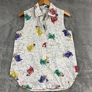 Vintage 100% Cotton Button Sleeveless Top Abstract Bird Colorful Art Botton Sz L